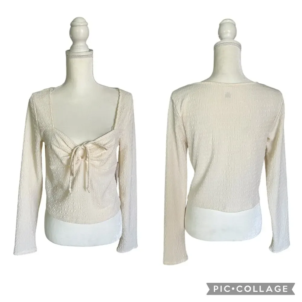 Kirious Los Angeles Cream Cropped Crinkle Long Sleeve Babydoll Peasant Top Large